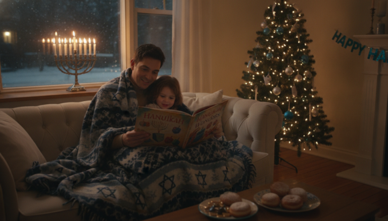 A parent and young child snuggled together on a sofa reading a picture book by the warm glow of a Hanukkah menorah on the windowsill