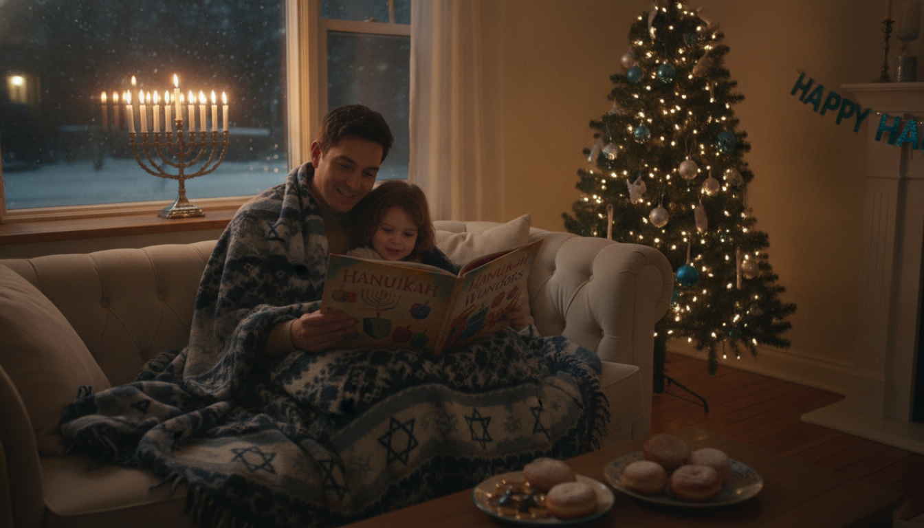 A parent and young child snuggled together on a sofa reading a picture book by the warm glow of a Hanukkah menorah on the windowsill