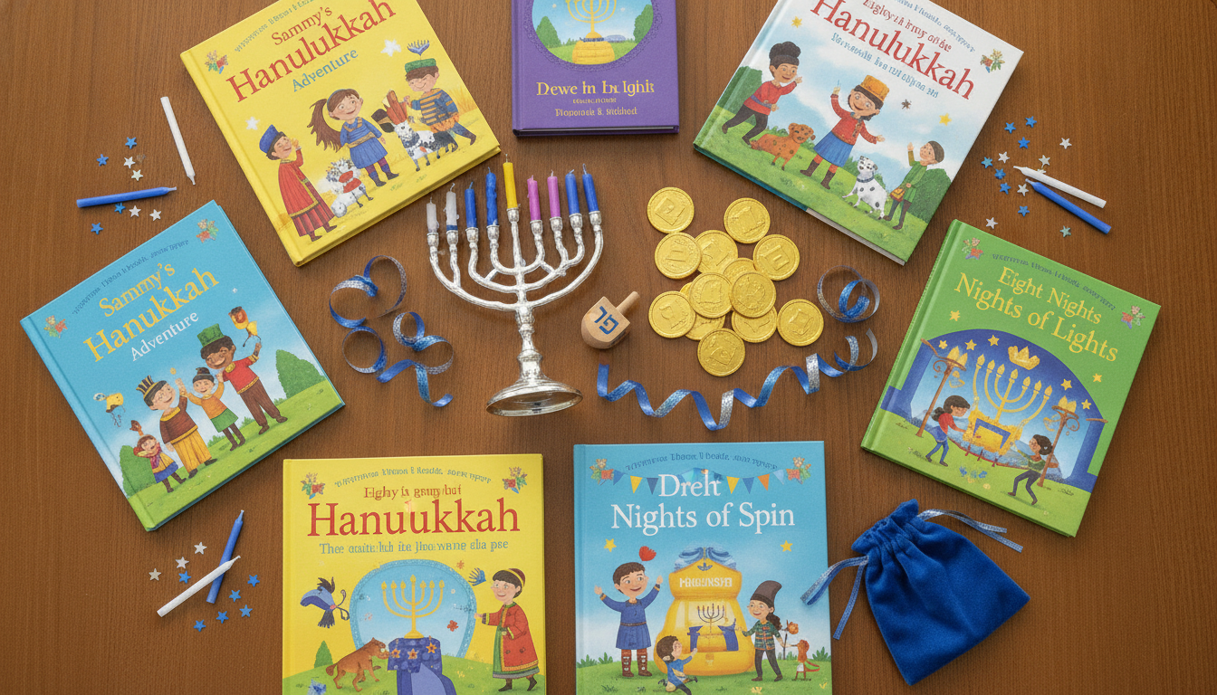 A flat-lay of colorful Hanukkah children's books surrounded by a menorah, dreidel, gelt, and blue and silver ribbon on a warm wooden table