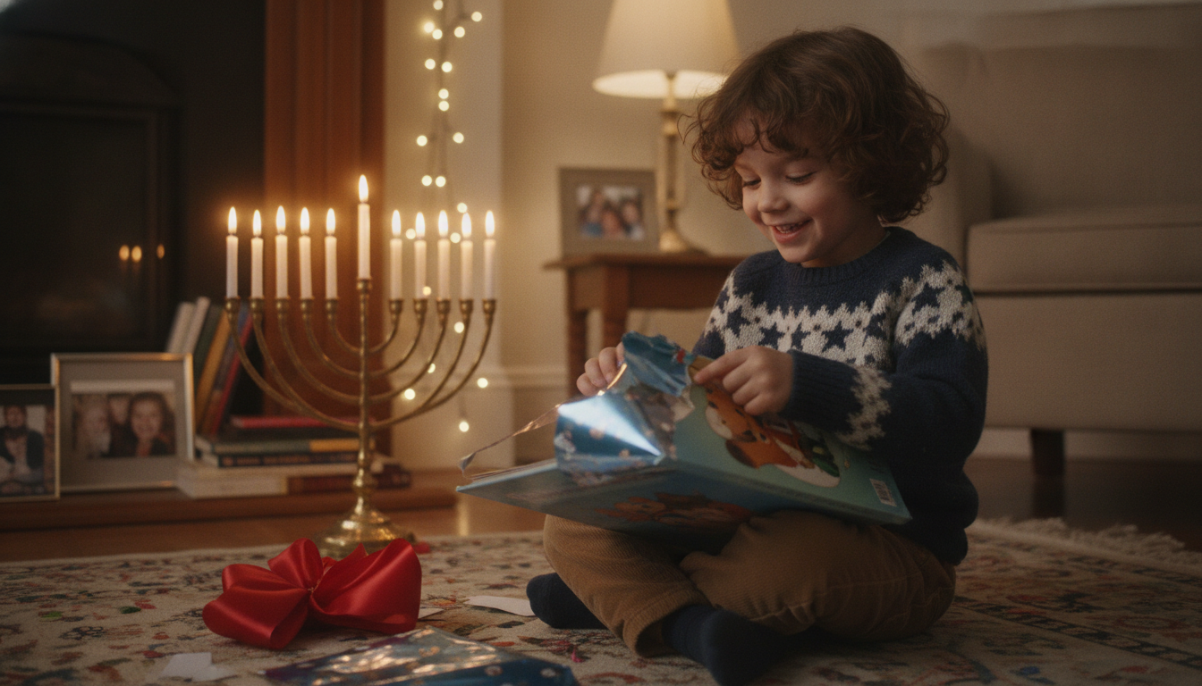 A young child with curly hair unwrapping a blue and silver wrapped book gift with a glowing menorah softly lit in the background