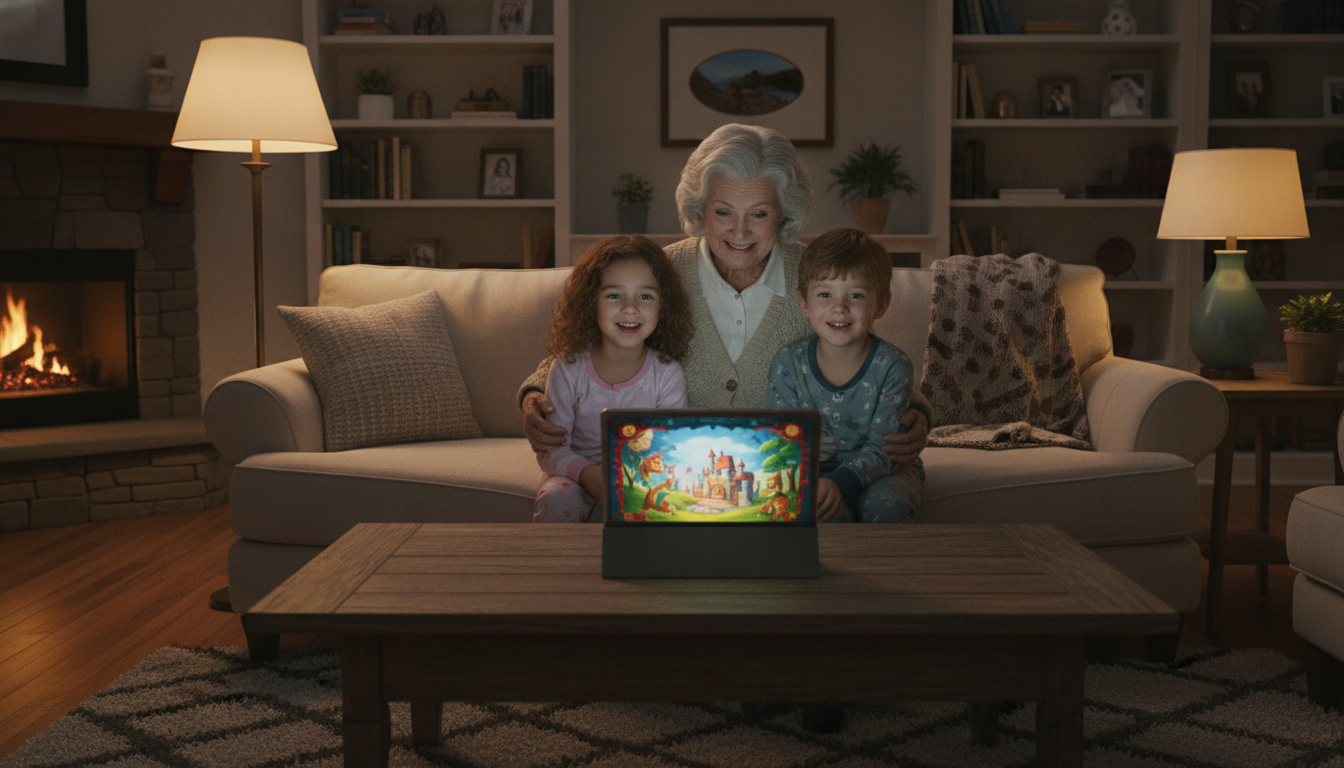 A grandmother and two young children sitting together on a sofa, watching a colorful animated storybook on a large tablet in a warm, cozy living room