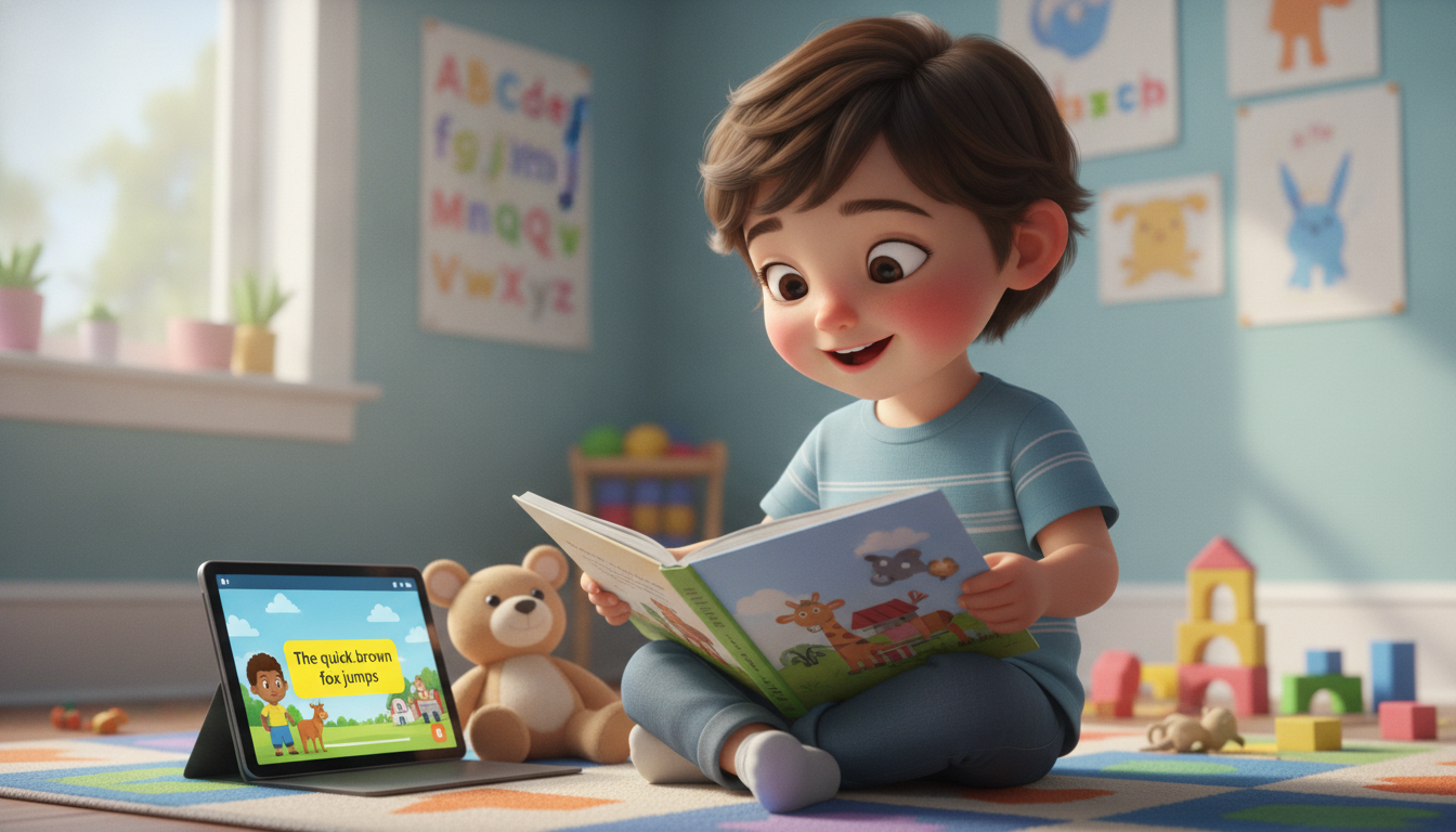 A young child sitting cross-legged on a colorful rug, eyes wide with engagement, holding a picture book while a tablet beside them plays a read-aloud video with highlighted words on screen