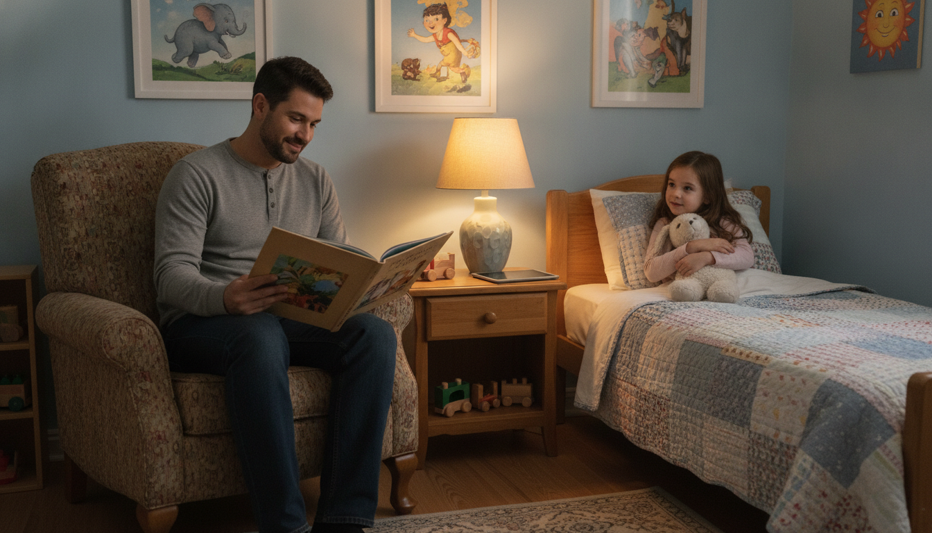 A father sitting in a cozy armchair in a softly lit child's bedroom, reading a physical picture book aloud to his young daughter who is tucked into bed with a stuffed animal, a tablet closed on the nightstand nearby