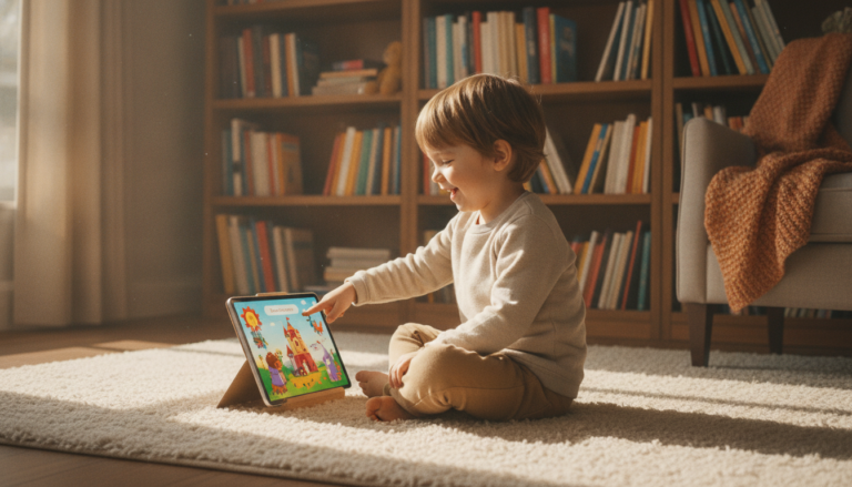 Young child sitting on a cozy rug with a tablet showing a colorful illustrated children's book, bookshelves visible in the background
