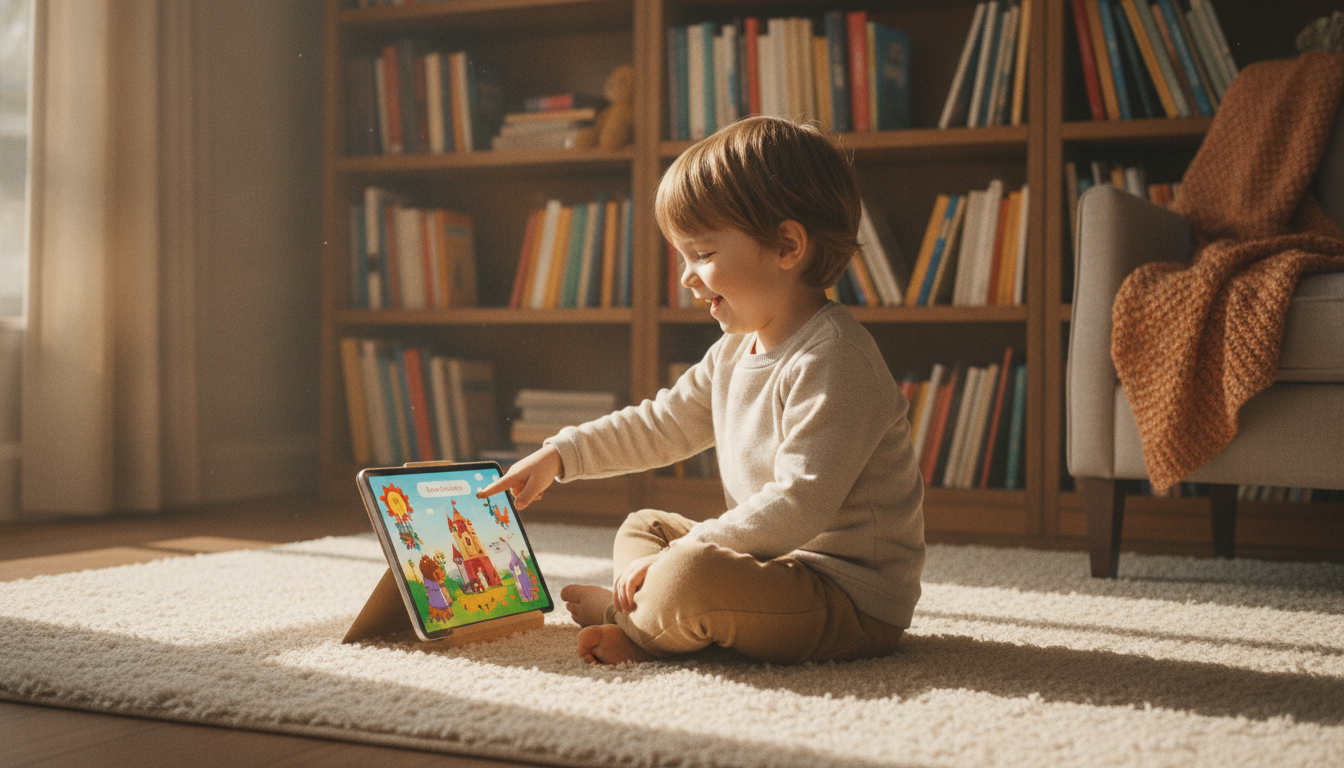 Young child sitting on a cozy rug with a tablet showing a colorful illustrated children's book, bookshelves visible in the background
