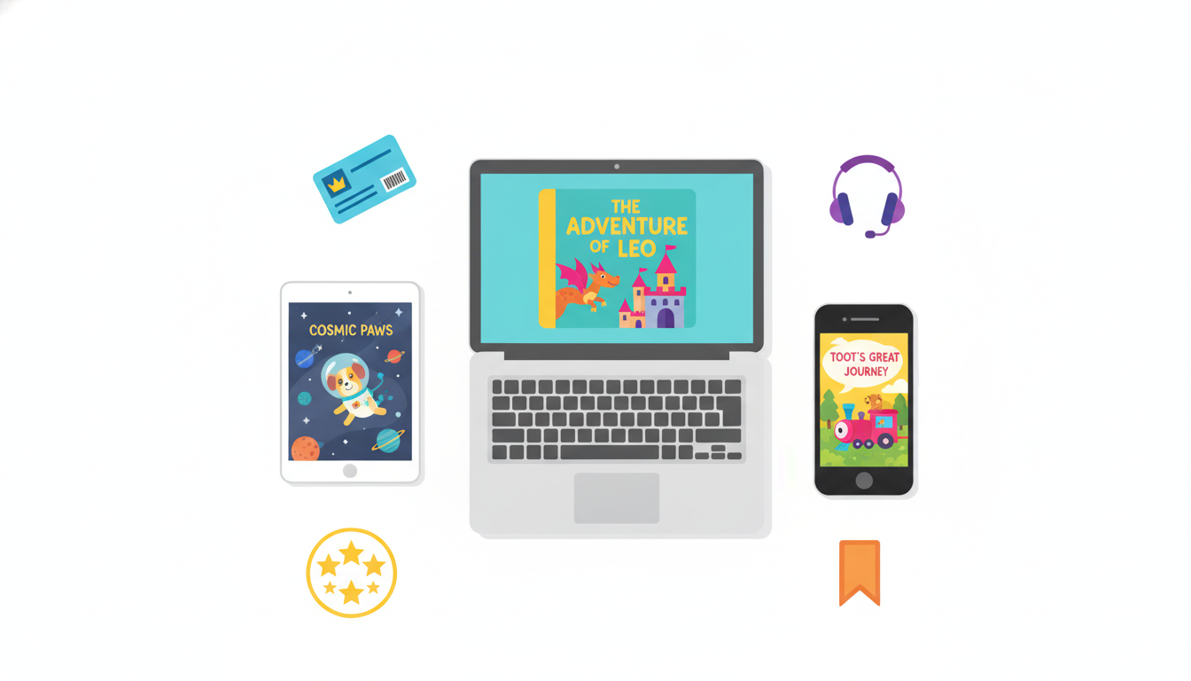 Flat-lay illustration of a tablet, smartphone, and laptop displaying colorful children's book covers, surrounded by icons for library cards, audiobooks, and bookmarks