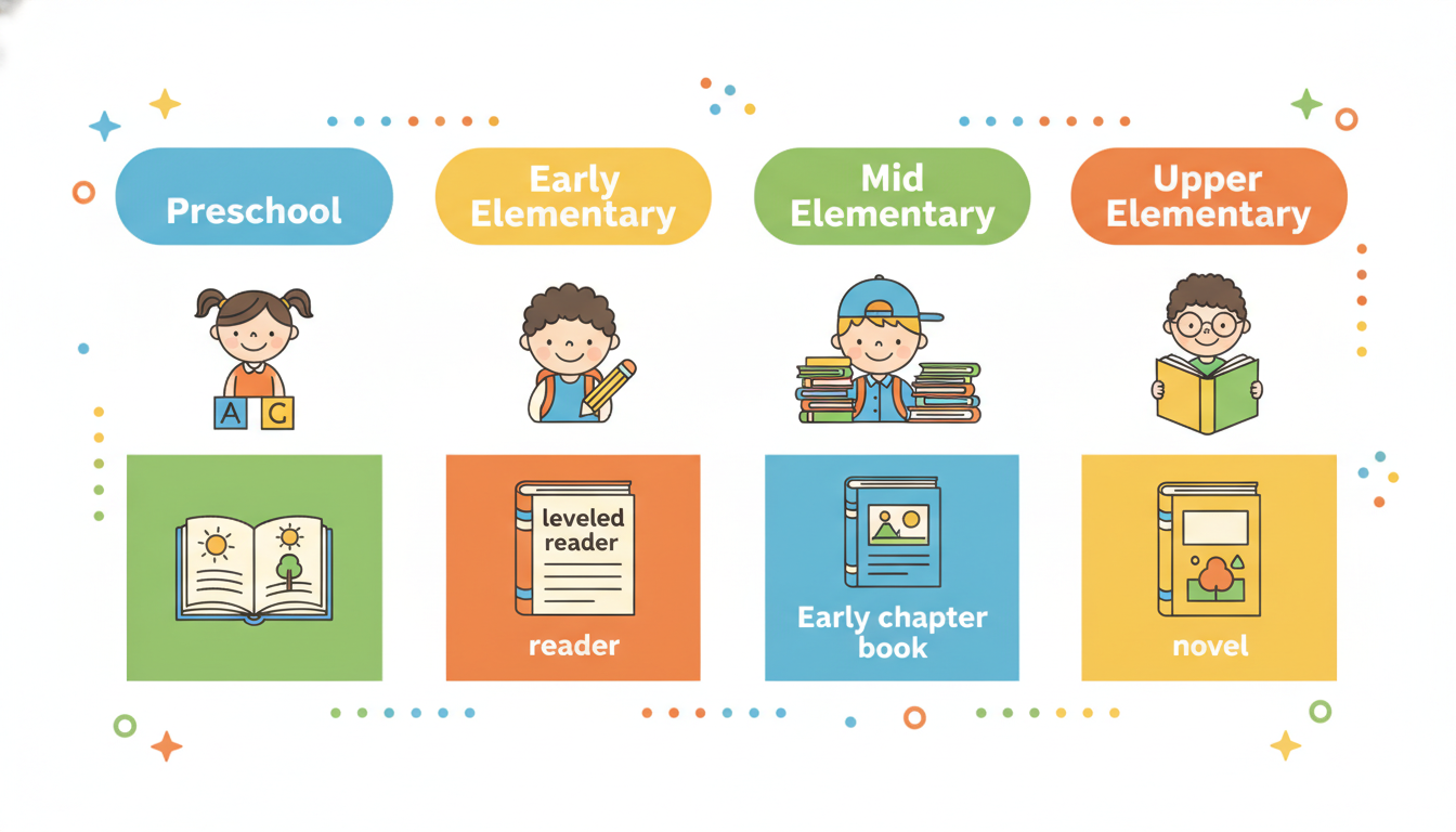 Colorful infographic chart showing four age bands — Preschool, Early Elementary, Mid Elementary, and Upper Elementary — with recommended book formats for each stage