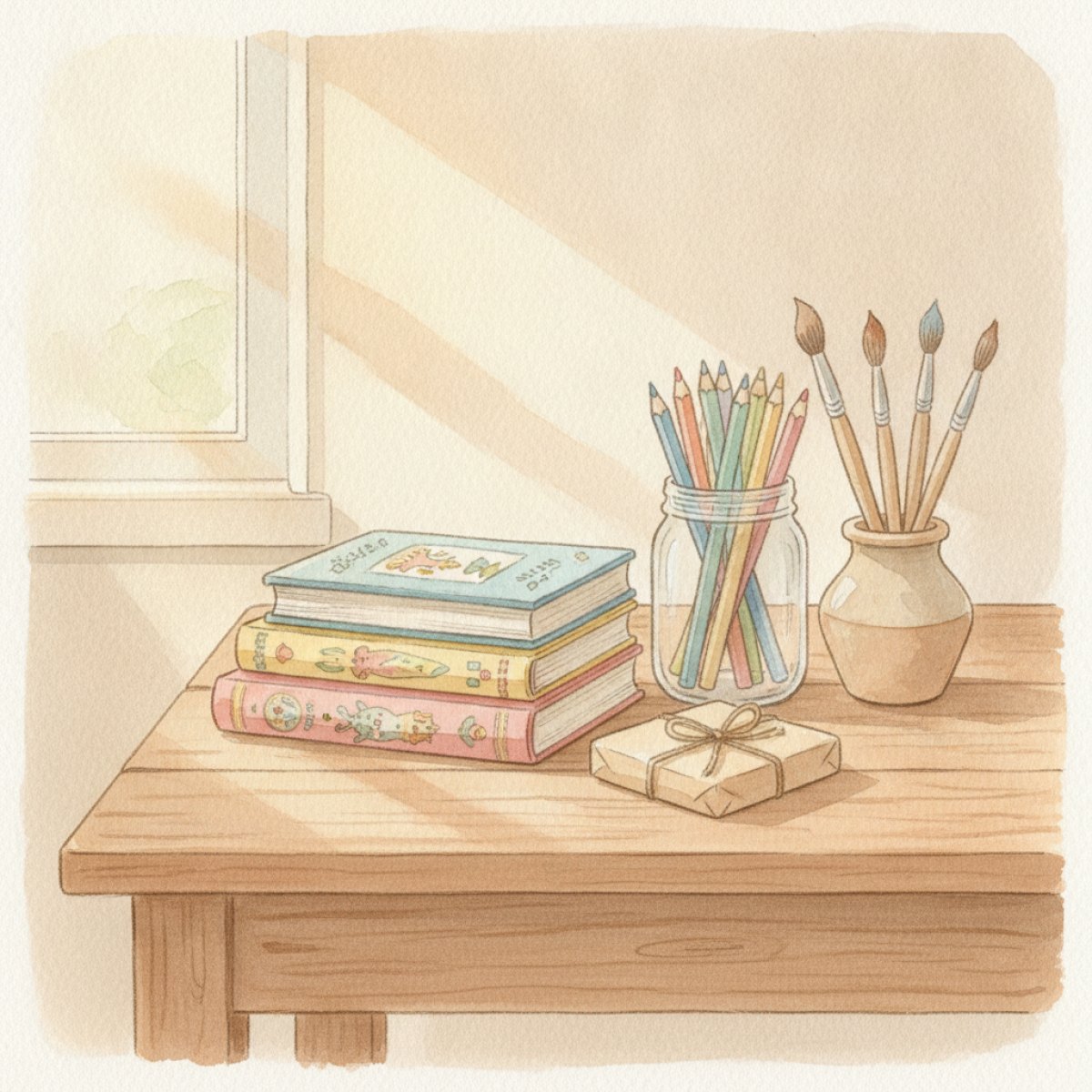 A kitchen table holding a stack of hardcover children's books, a jar of colored pencils, paintbrushes and a small parcel wrapped in twine