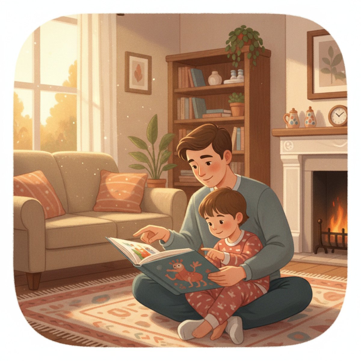 Parent and young child sitting on a rug sharing an open picture book