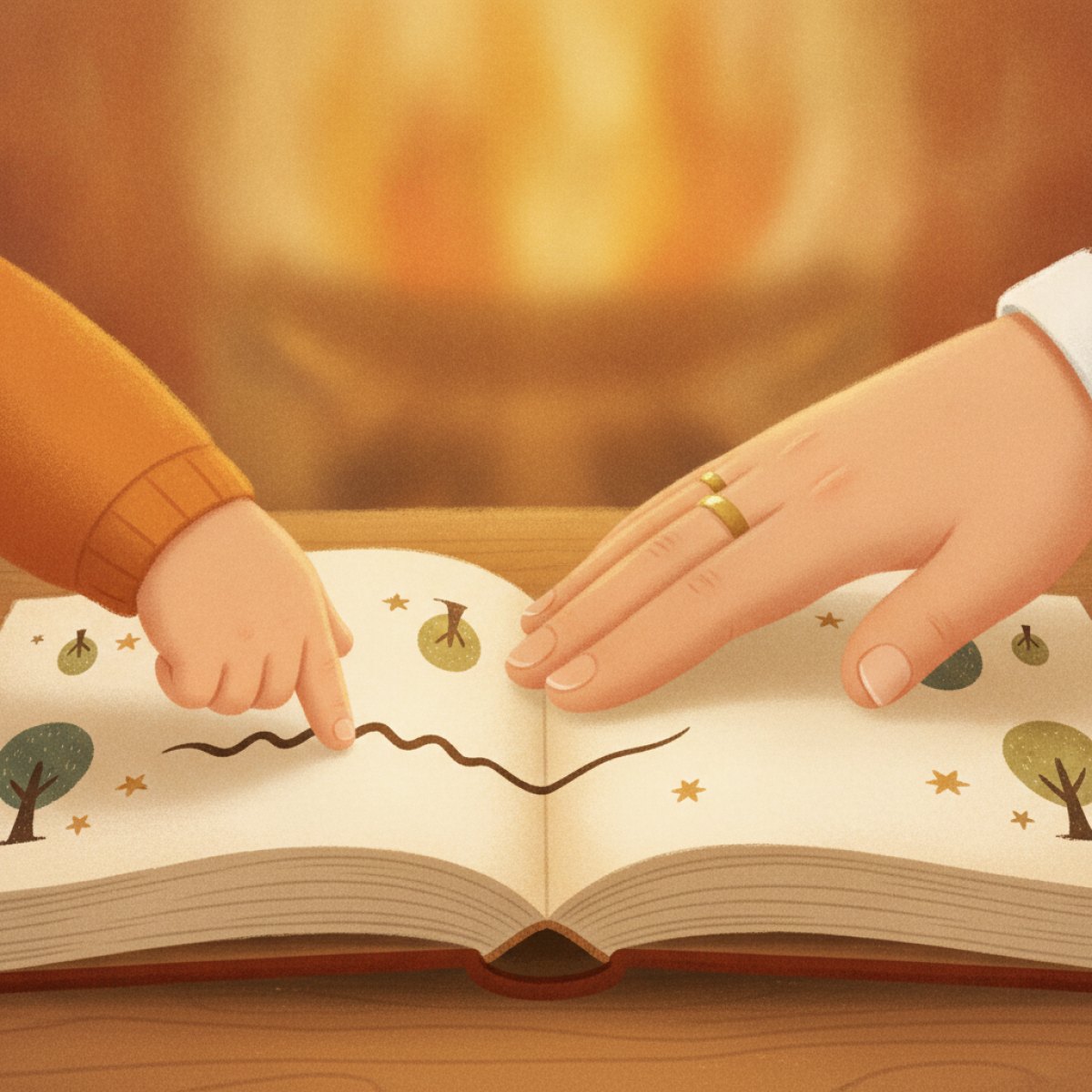 A small child's finger pointing at a line of print on an open book page beside an adult hand