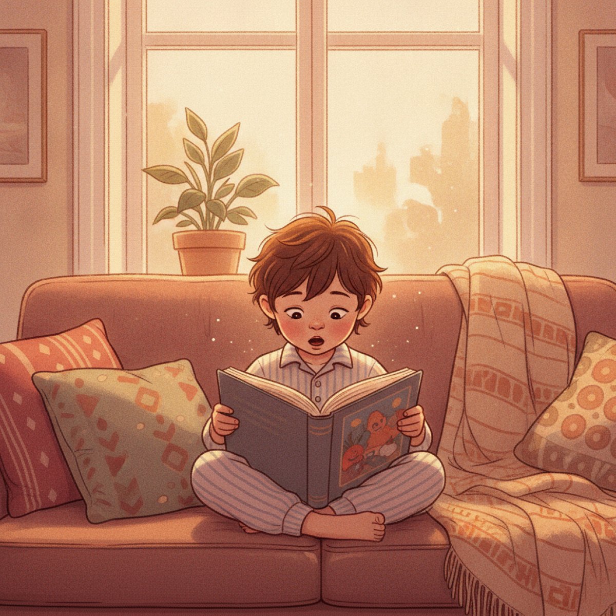 Young child sitting cross legged on a couch holding a picture book and pretending to read
