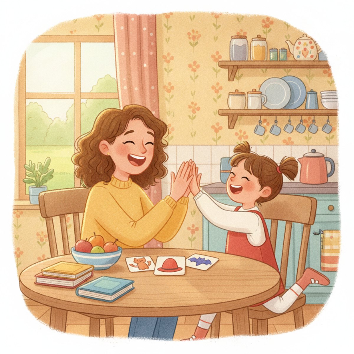 Parent and preschool aged child clapping and laughing over rhyming picture cards at a kitchen table