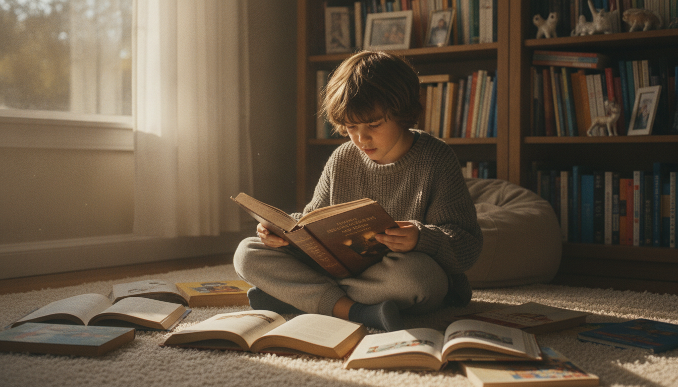 A 10-year-old child sitting cross-legged on a bedroom floor surrounded by open books, reading a thick chapter book with total absorption in warm afternoon light
