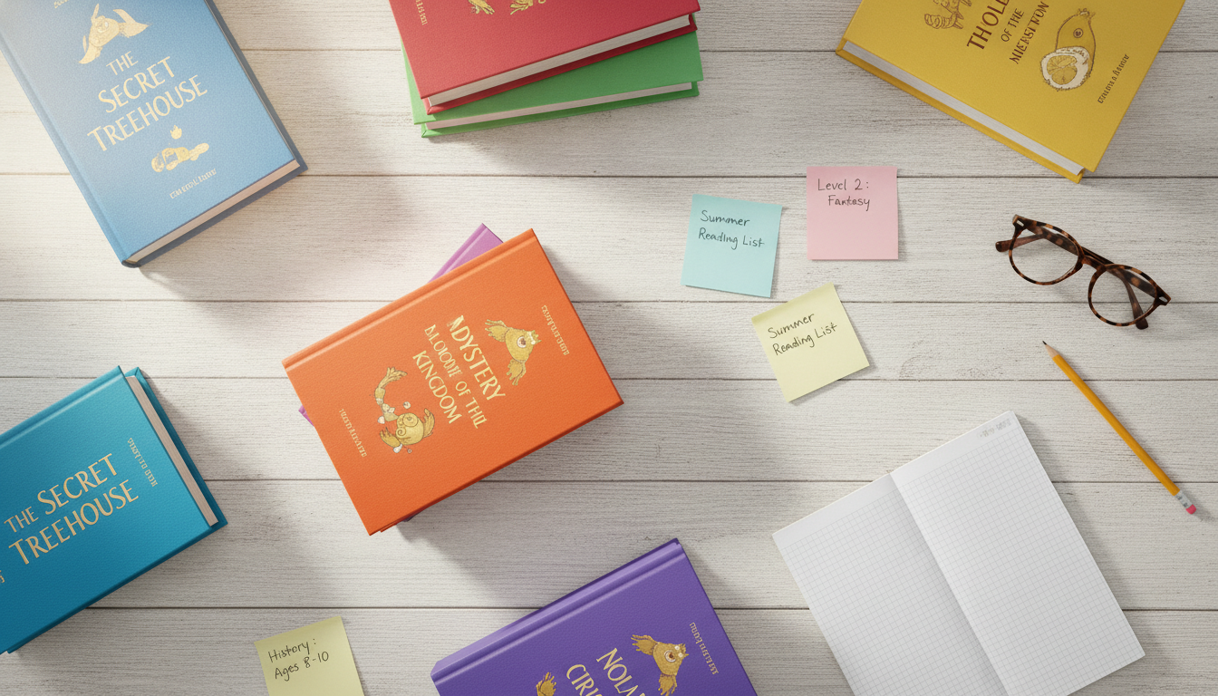 Overhead flat-lay of colorful children's chapter books arranged on a light wooden table with sticky notes and a pencil, suggesting a parent organizing reading choices