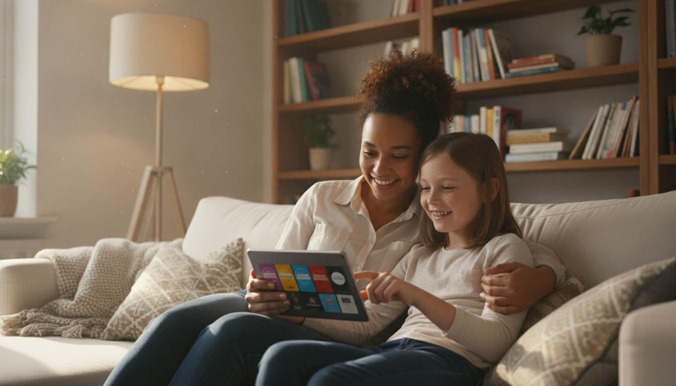 A parent and 10-year-old child sitting together on a living room couch, smiling and browsing for books on a tablet, with a cozy lamp and bookshelf in the background