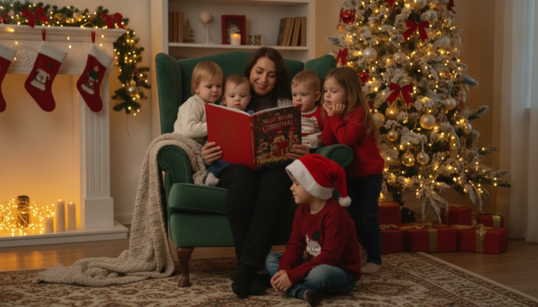 A parent reading a colorful Christmas picture book aloud to a group of engaged children gathered around an armchair, with fairy lights and a decorated Christmas tree glowing in the background