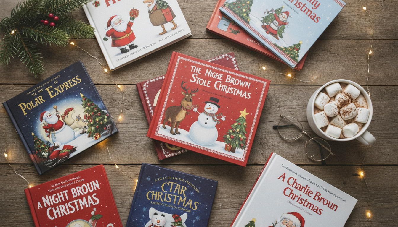 A flat-lay overhead photograph of colorful Christmas children's books arranged on a rustic wooden table alongside a cup of hot cocoa with marshmallows, reading glasses, an evergreen sprig, and twinkling fairy lights