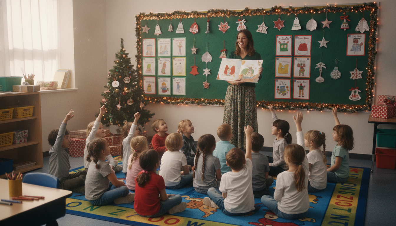 An elementary school classroom decorated for Christmas with a colorful bulletin board displaying hand-drawn book covers and paper ornaments made by students, while a teacher reads to children sitting cross-legged on a rug with their hands raised enthusiastically