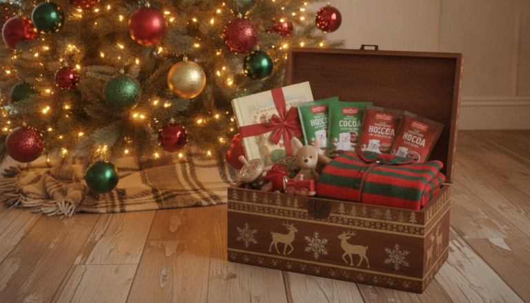 A beautifully decorated wooden Christmas Eve box overflowing with festive items including pajamas, a children's book, hot cocoa packets, and small toys, placed beside a glowing Christmas tree with warm fairy lights