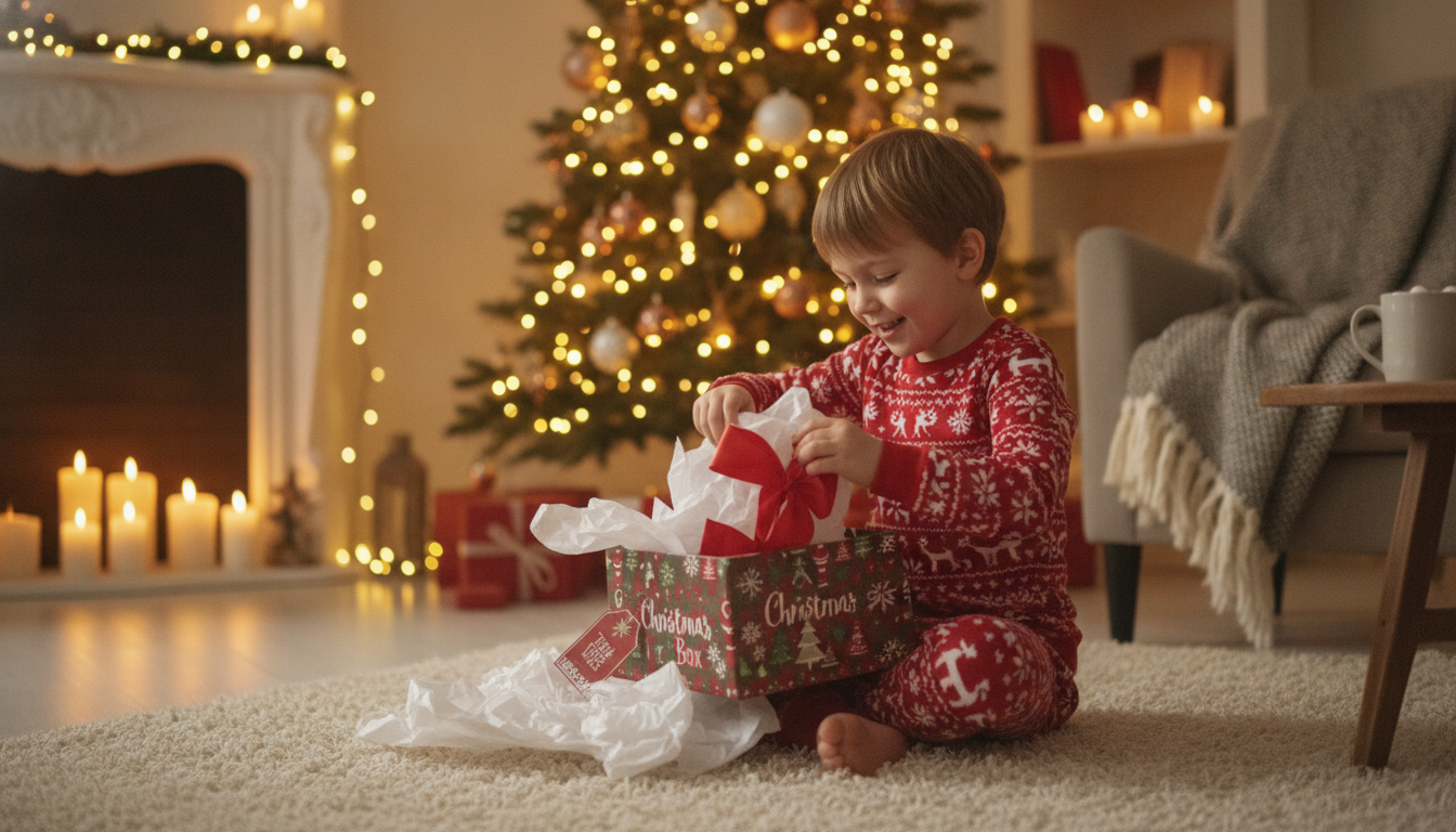 A young child in red and white holiday pajamas sitting cross-legged on a living room floor in front of a glowing Christmas tree, excitedly opening a decorated Christmas Eve box with tissue paper spilling out, warm candlelight and fairy lights in the background