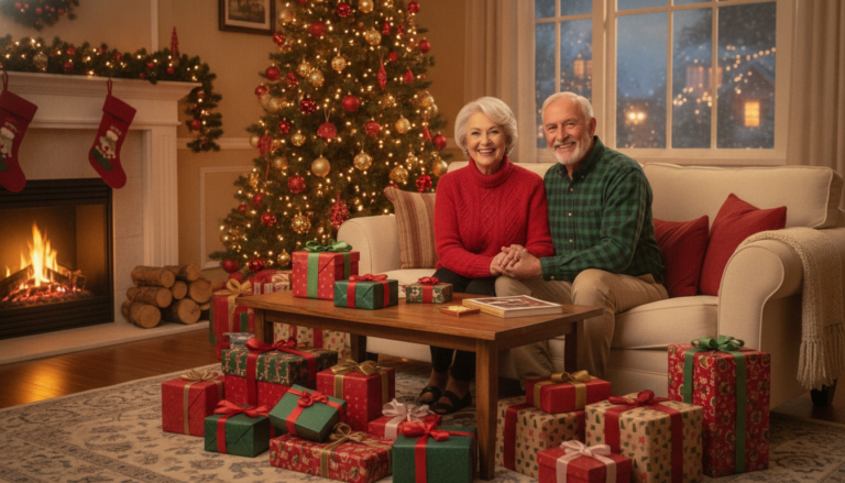 Grandparents sitting together on a sofa surrounded by wrapped Christmas gifts with a decorated tree glowing in the background