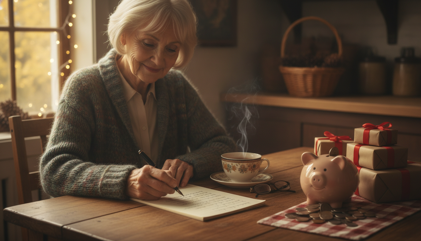 Grandmother sitting at a kitchen table with a notepad, pen, and cup of tea, writing a holiday gift list with small wrapped presents and a piggy bank nearby