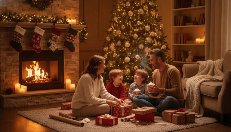 A warm multigenerational family gathered around a glowing Christmas tree, laughing and drinking hot cocoa in a cozy living room decorated for the holidays