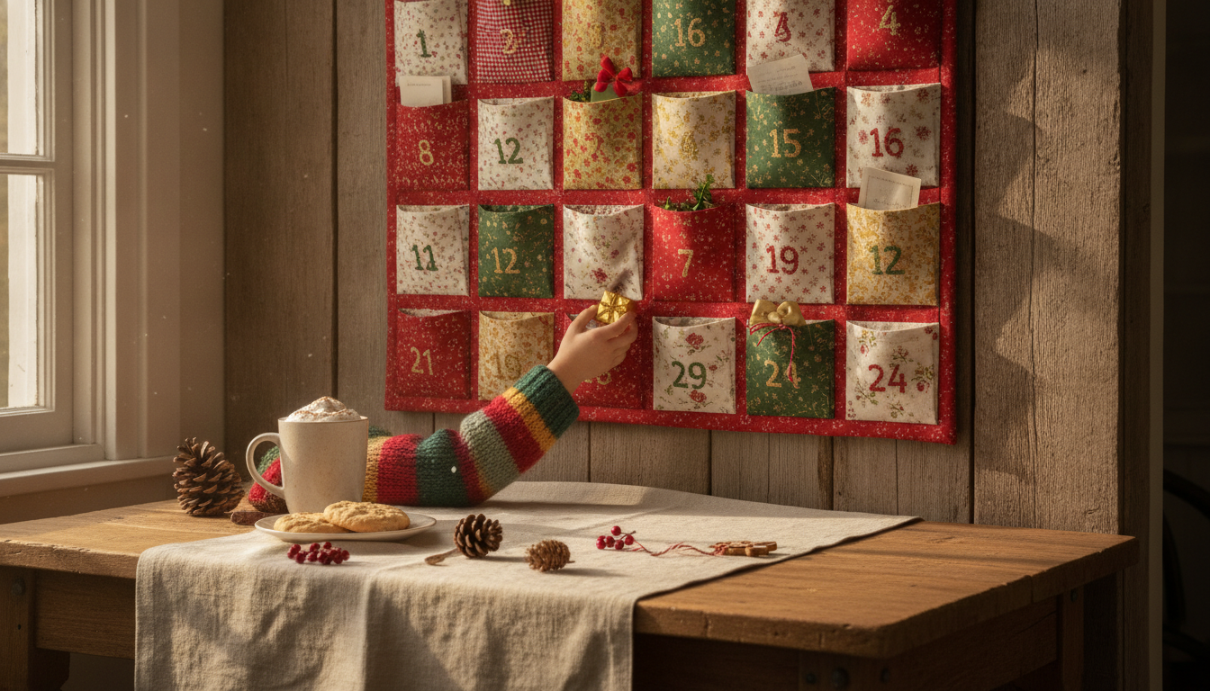 A child's hands reaching for a pocket on a handmade fabric Advent calendar hanging on a rustic wooden wall, with warm morning light streaming through a window