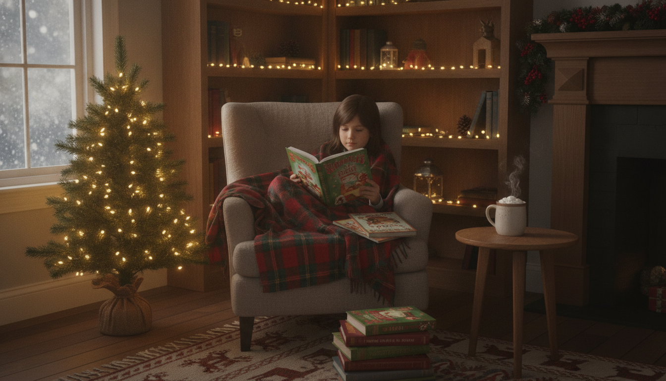 A child of about seven snuggled under a plaid blanket in a cozy Christmas reading nook, surrounded by colorful holiday picture books, fairy lights, and a mug of hot cocoa