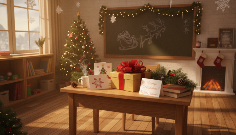 A warmly lit classroom decorated for Christmas with a beautifully wrapped gift on a teacher's wooden desk surrounded by festive greenery and holiday cards