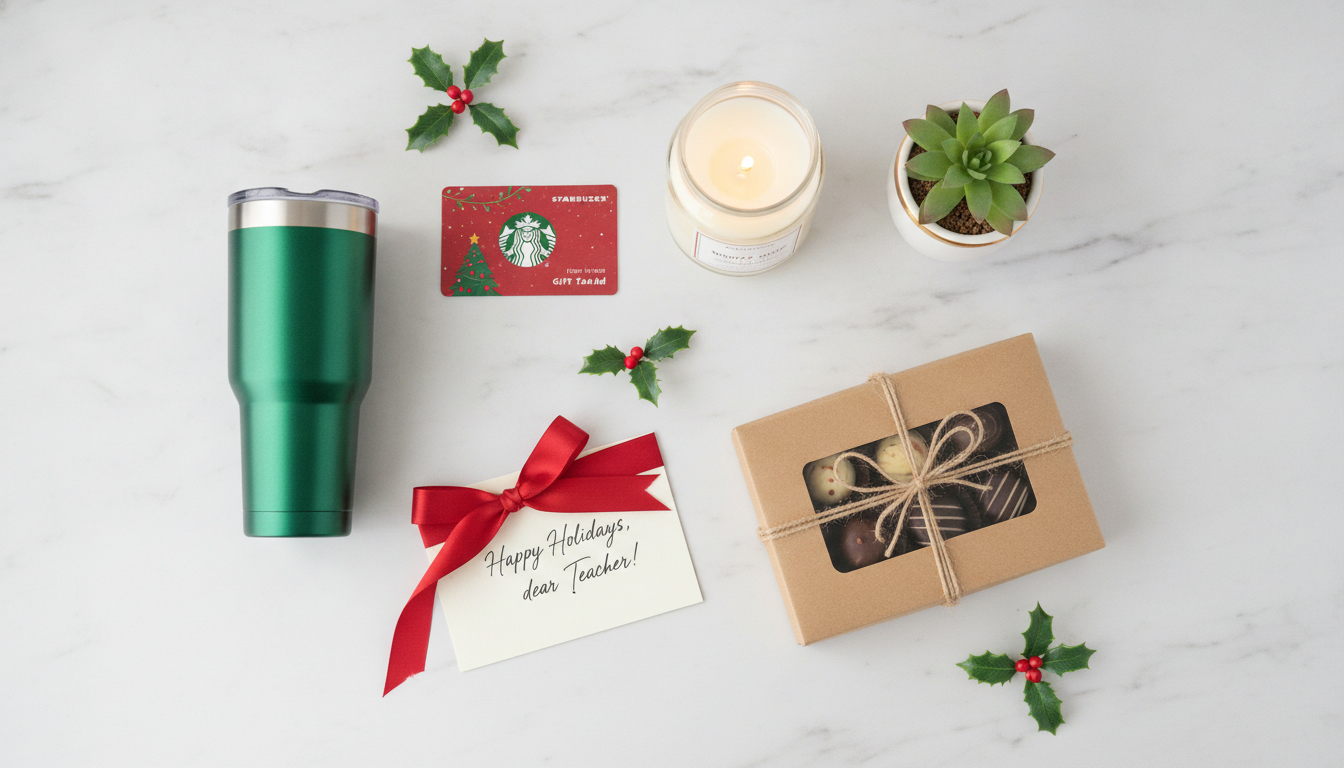 Flat-lay of teacher Christmas gift ideas including a gift card, scented candle, artisan chocolates, insulated tumbler, and handwritten card arranged on a white marble surface with holly accents