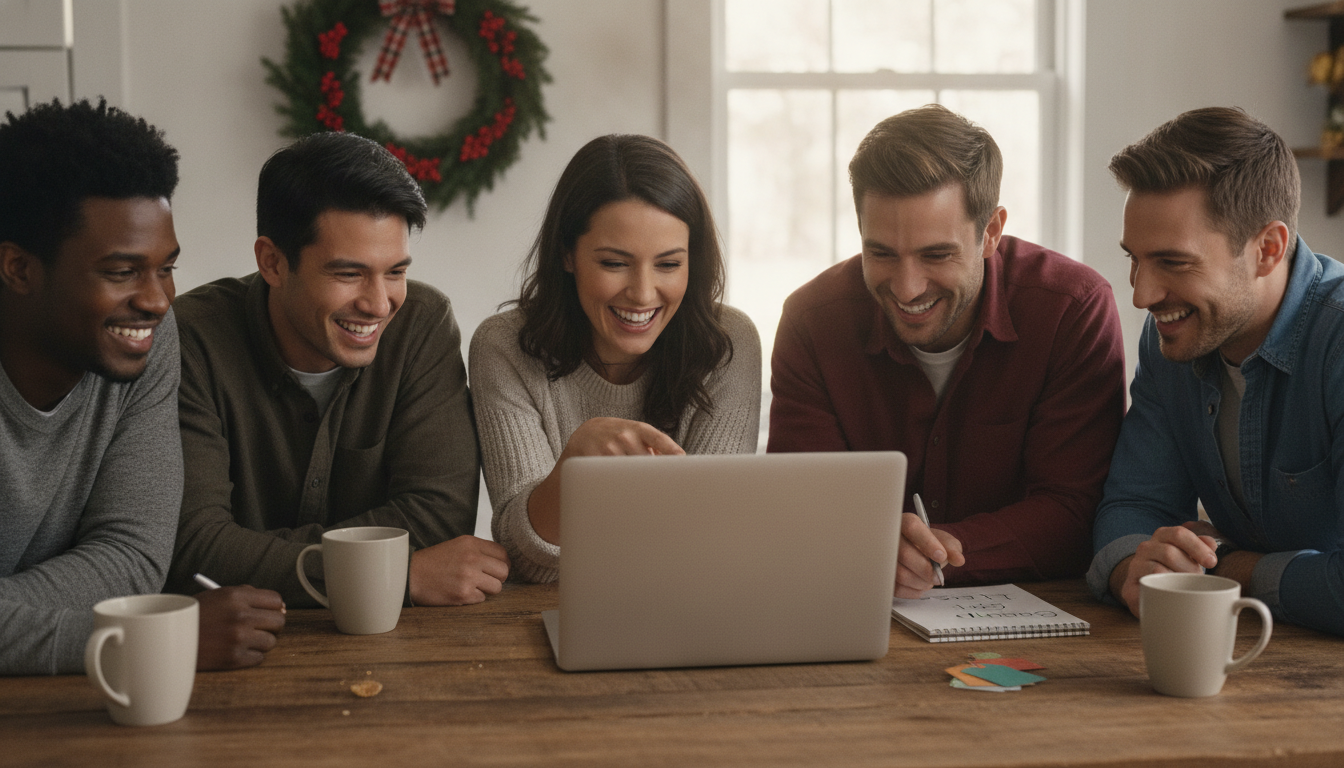 A group of diverse parents gathered around a kitchen table smiling and organizing a group teacher gift on a laptop, with coffee cups and a Christmas wreath in the background