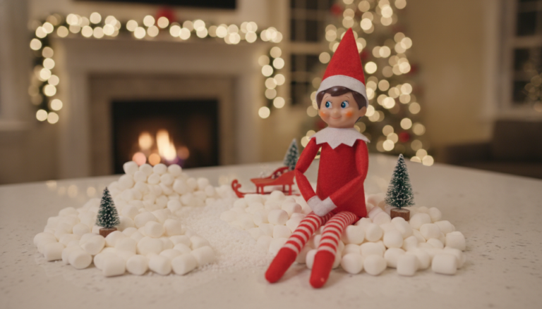 A cheerful Elf on the Shelf doll sitting on a kitchen counter surrounded by mini marshmallows arranged in a snow scene, with warm Christmas lights glowing in the background