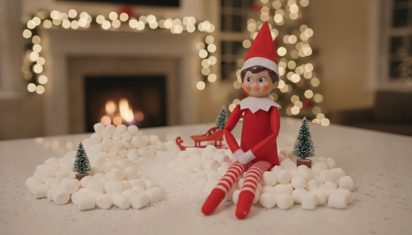 A cheerful Elf on the Shelf doll sitting on a kitchen counter surrounded by mini marshmallows arranged in a snow scene, with warm Christmas lights glowing in the background