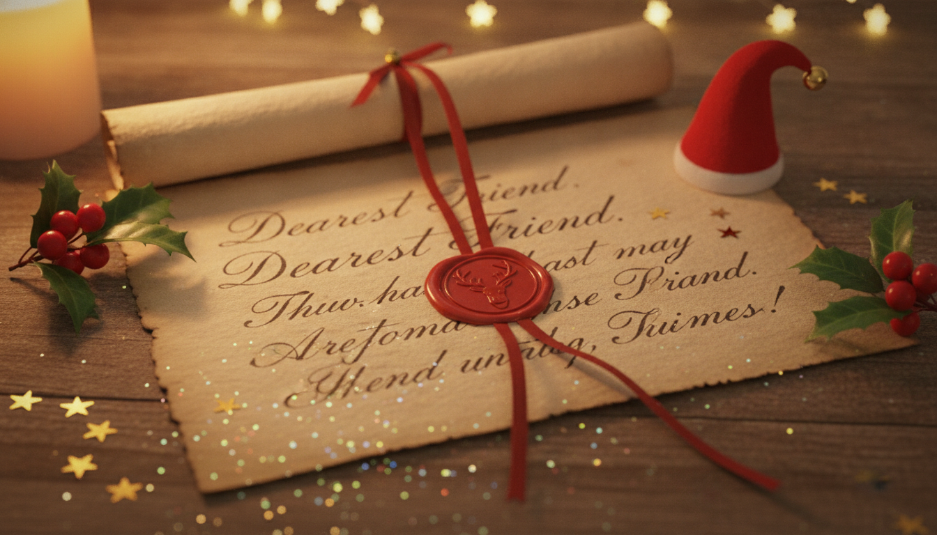 A beautifully handwritten letter on aged parchment paper with a red wax seal, surrounded by holly sprigs, a tiny red elf hat, and gold star stickers on a rustic wooden table