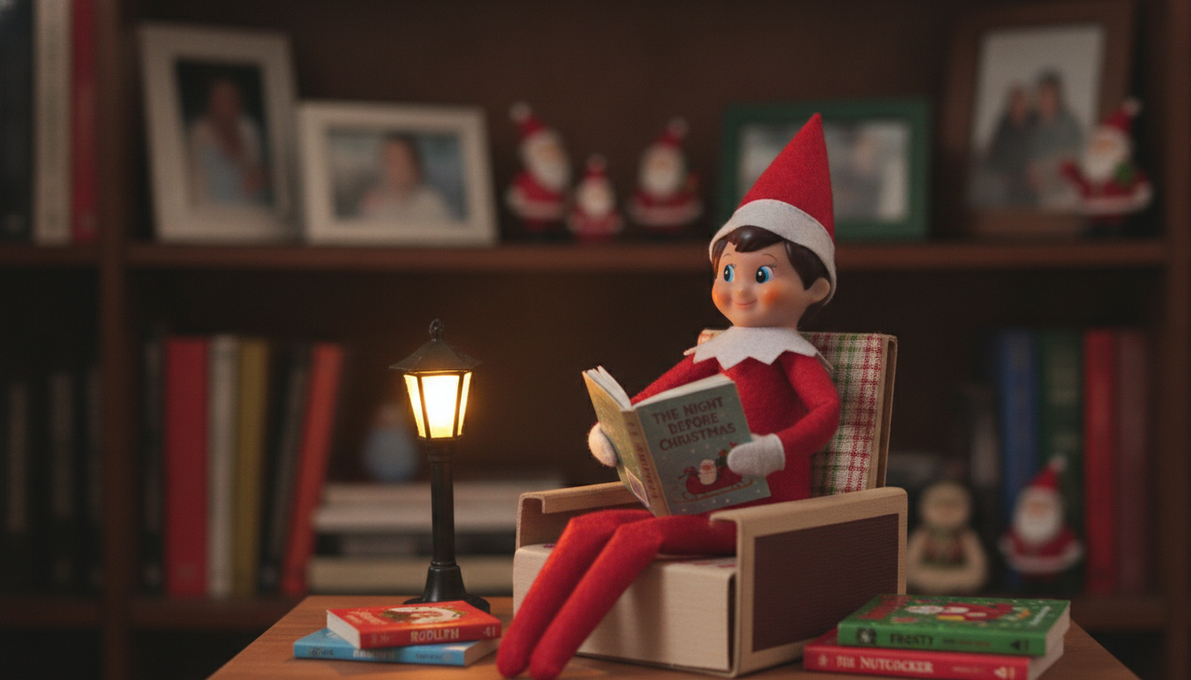 A cute Elf on the Shelf doll sitting in a tiny armchair made from a matchbox, holding open a miniature copy of The Night Before Christmas, surrounded by a tiny stack of colorful children's Christmas books
