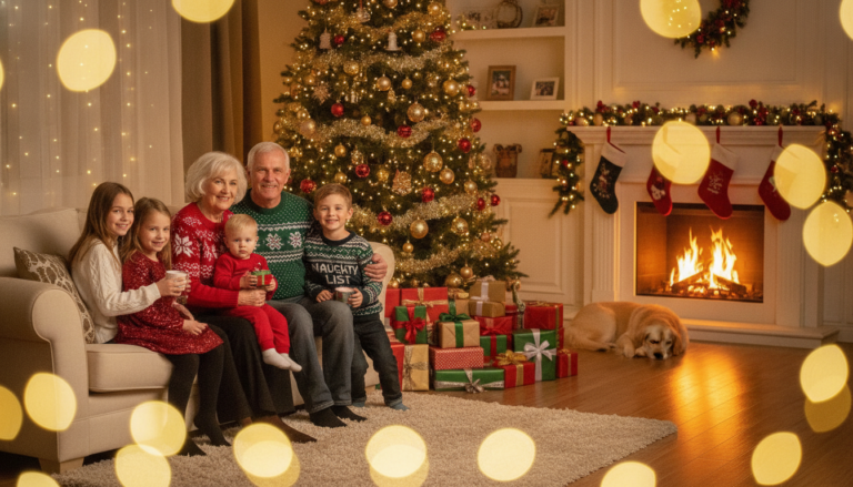 Smiling grandparents sitting with their grandchildren in a warmly lit living room decorated for Christmas, surrounded by wrapped gifts under a glowing tree