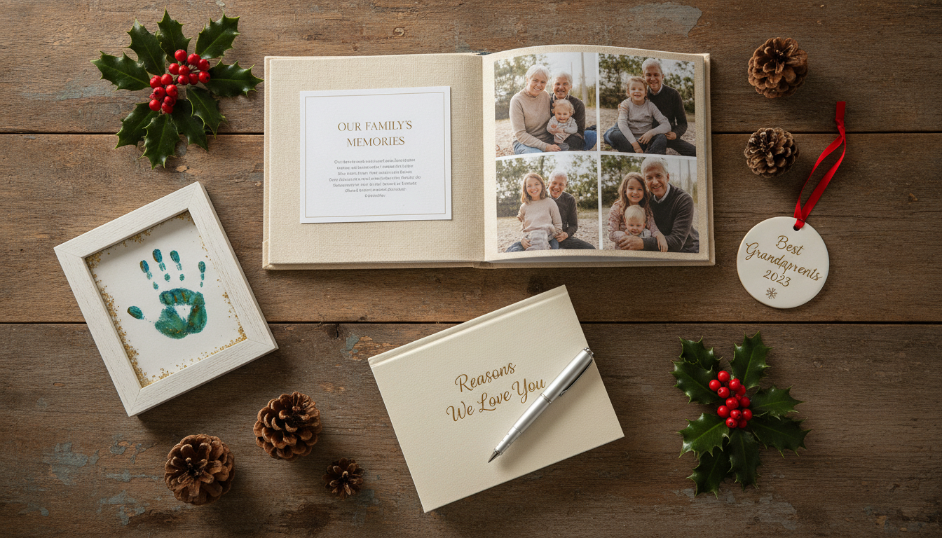 Flat lay of heartfelt keepsake gifts for grandparents including a custom photo book, framed handprint art, a personalized Christmas ornament, and a 'reasons we love you' journal on a rustic wooden table with festive holly and pine cone decorations
