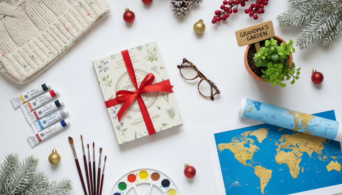 Cheerful flat lay of hobby-themed Christmas gift ideas for grandparents including a cookbook, reading glasses, a small potted plant with a personalized tag, a scratch-off travel map, watercolor paints, and a cozy knitted scarf arranged with Christmas ornaments and pine branches