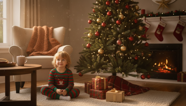 A young child in festive pajamas sits near a Christmas tree with a small, neatly arranged pile of four beautifully wrapped gifts, looking calm and delighted in warm morning light