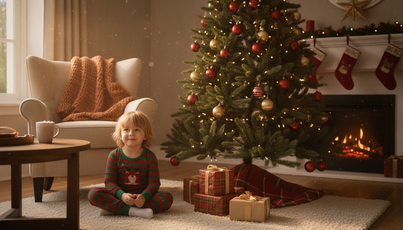 A young child in festive pajamas sits near a Christmas tree with a small, neatly arranged pile of four beautifully wrapped gifts, looking calm and delighted in warm morning light