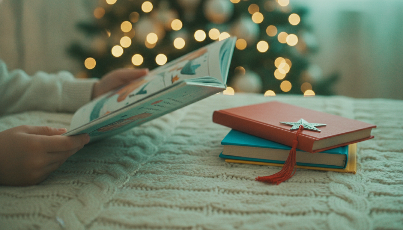 A child's hands holding an open illustrated children's book on a soft knitted blanket, with a Christmas tree's twinkling lights softly blurred in the background and a small stack of colorful books beside them