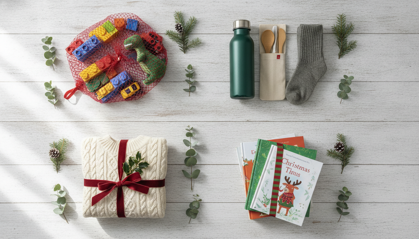 A flat lay overhead photo of four neatly grouped Christmas gifts representing the four categories: a colorful toy, a water bottle, a folded cozy sweater, and a stack of children's books with a festive bookmark