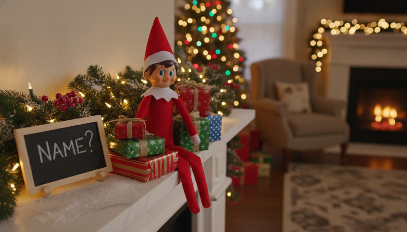 A cheerful scout elf sitting on a decorated fireplace mantel with a small chalkboard sign reading 'NAME?' surrounded by Christmas lights and wrapped presents