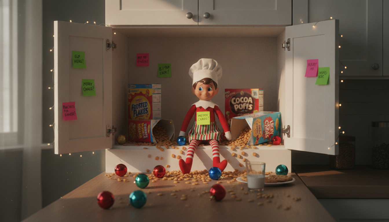 A mischievous scout elf wearing a tiny chef's hat sitting inside an open kitchen cabinet surrounded by spilled cereal boxes and mini sticky notes