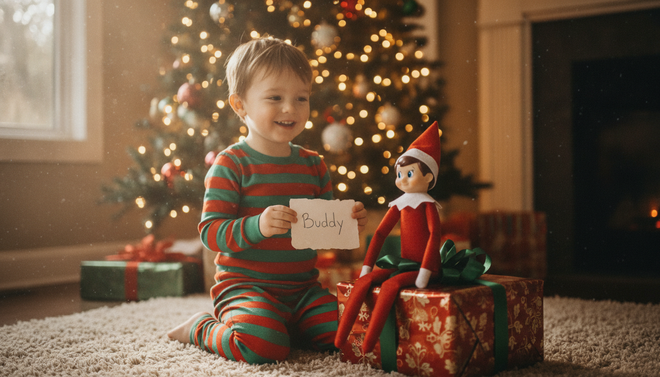 A young child in pajamas kneeling excitedly in front of a Christmas tree, holding a small handwritten name tag next to a scout elf doll propped against a gift box