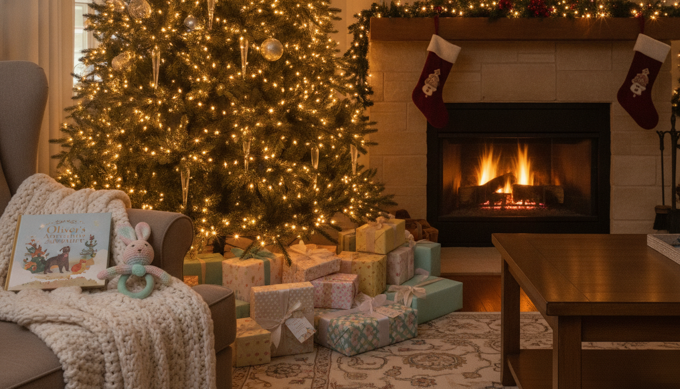 A warm, cozy living room decorated for Christmas with beautifully wrapped baby gifts under a glowing Christmas tree, including a soft knit blanket, personalized storybook, and pastel-colored baby toy