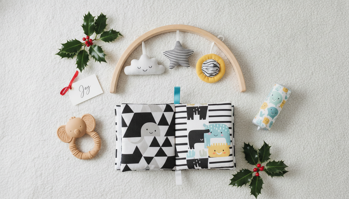 A flat lay of developmentally appropriate baby toys for newborns to three months old, including a high-contrast soft book, colorful play gym arch, natural rubber teething ring, and soft fabric rattle, arranged with festive holly and a gift tag