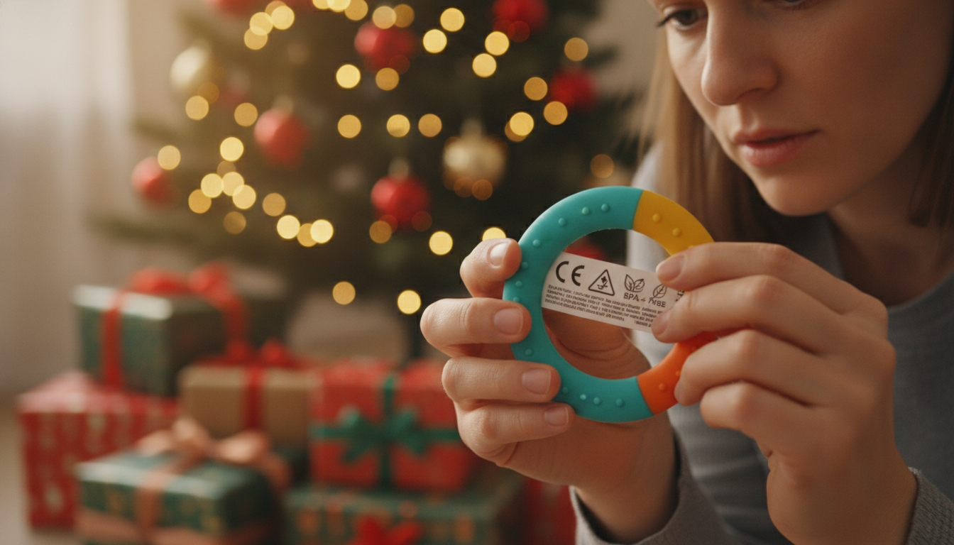 A parent's hands carefully examining a baby toy, checking the label for safety certifications, with a colorful BPA-free silicone teething ring, a glowing Christmas tree and wrapped gifts visible in the soft-focus background