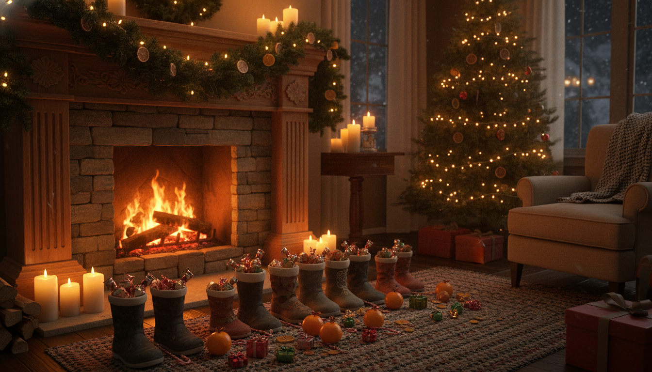 Children's shoes and boots lined up by a fireplace, filled with small wrapped gifts, oranges, gold coins, and candy canes on St. Nicholas Eve
